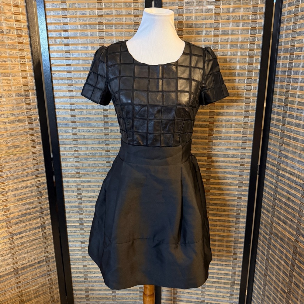 Butterfy Jinhan Dress Womens 38 Black Leather Silk Grid Mixed Media Mini LBD
